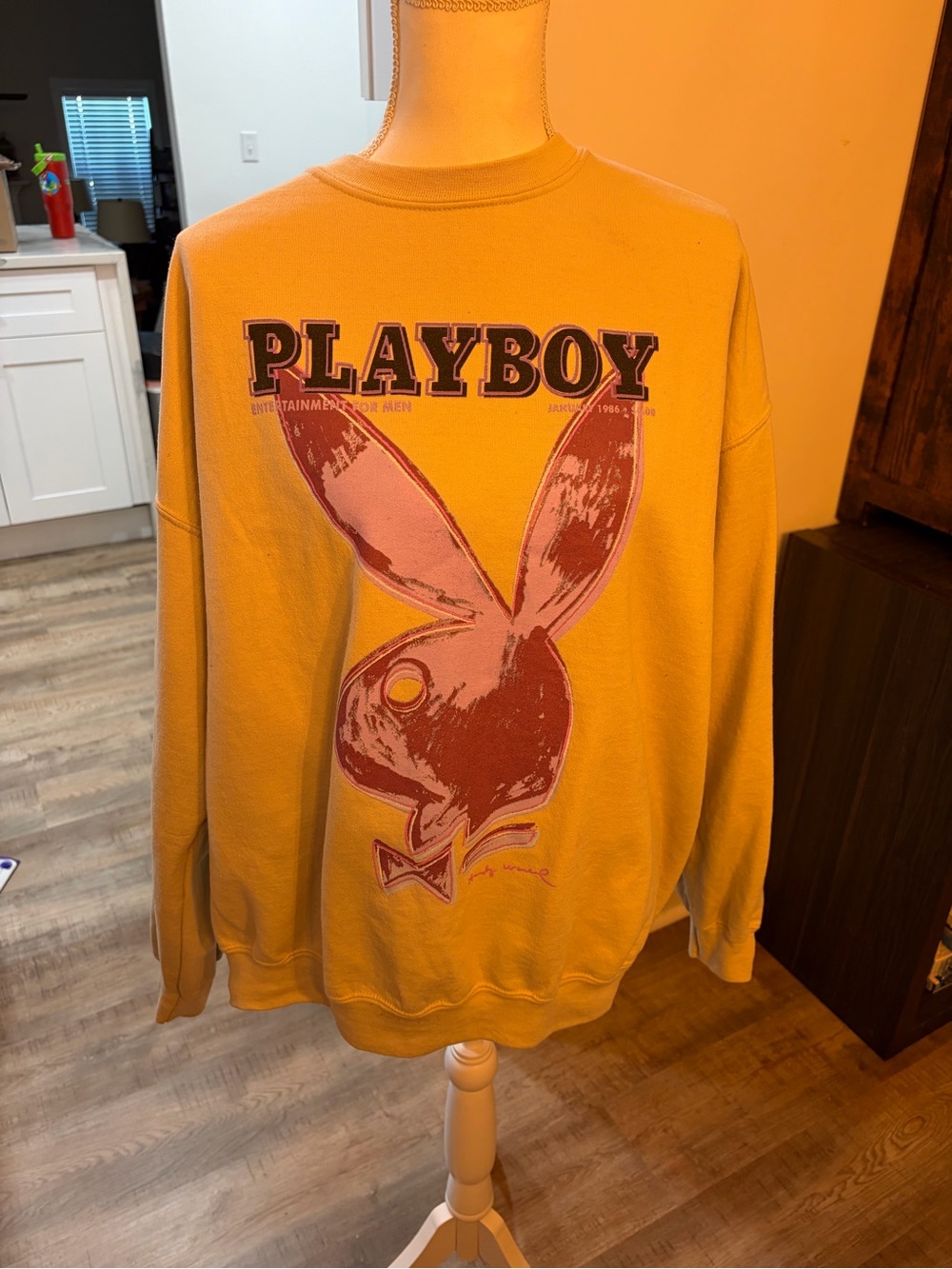 PLAYBOY Mustard Yellow Crewneck Sweatshirt with Pink Bunny Graphic